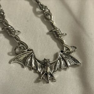 BAT Pendant 18” Trip Wire Silver Necklace Unisex Clasp Closing W/1.5” Chain Ex.